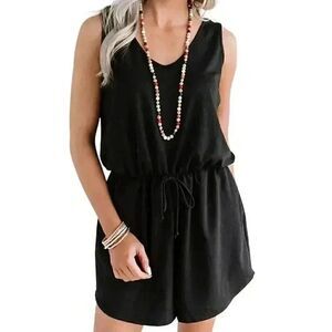 BCBGENERATION Women's Black Rayon/Spandex Cowl Neck Drawstring Shorts Romper
